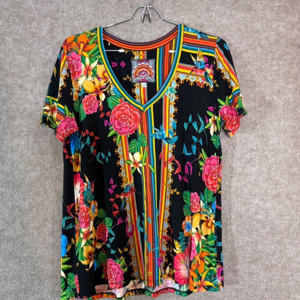 Johnny Was Top Women S Black Floral Bird Print Bamboo V Neck Short Sleeve Boho